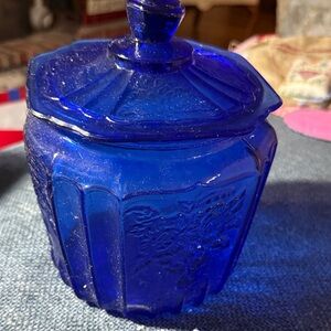 Vintage Blue Glass Jar with Lid